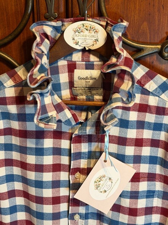 Goodfellow & Co Tops - Upcycled Goodfellow Blouse Women's L, Red/ Blue Plaid Ruffle Collar Shirt